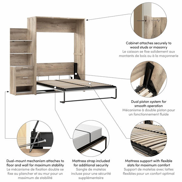 Lit escamotable double avec table de chevet et étagères flottantes (79L)