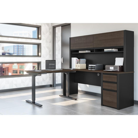 Bureau assis-debout en L 72L avec caisson et huche