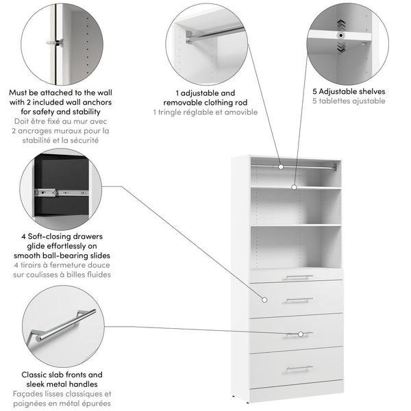 Organisateur de garde-robe modulaire pour walk-in ou placard avec tablettes et 4 tiroirs 36L x 16P, style épuré
