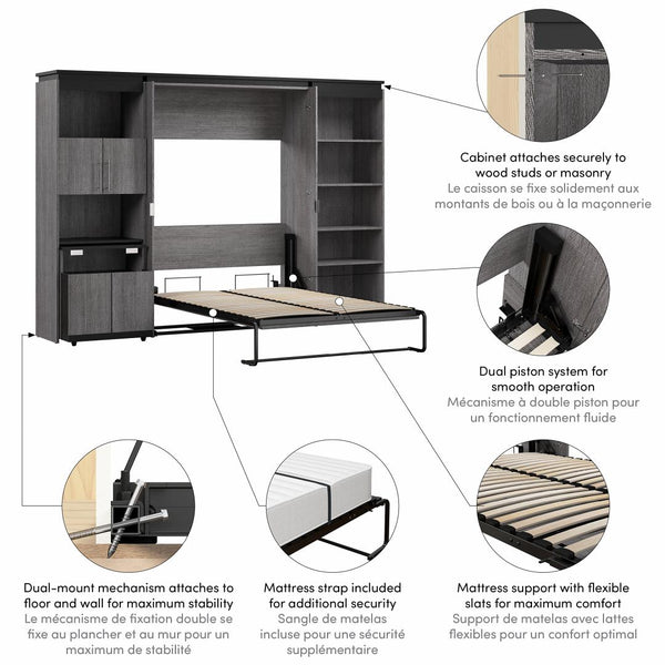 Lit escamotable double avec tablettes et armoire avec bureau rétractable (120L)