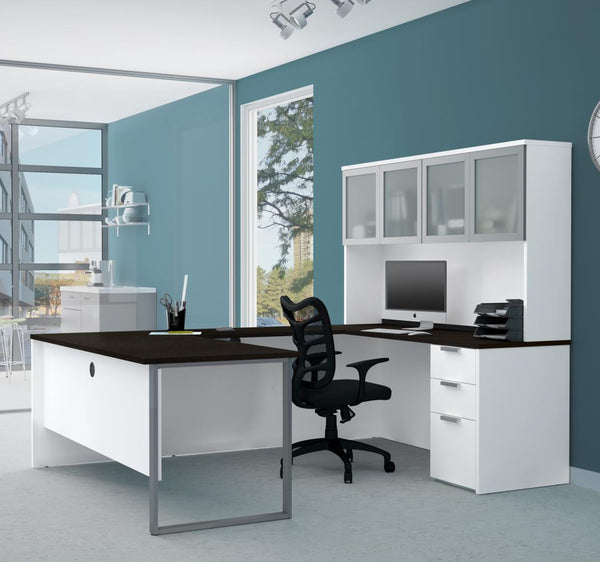 72W U-Shaped Executive Desk with Pedestal and Frosted Glass Doors Hutch