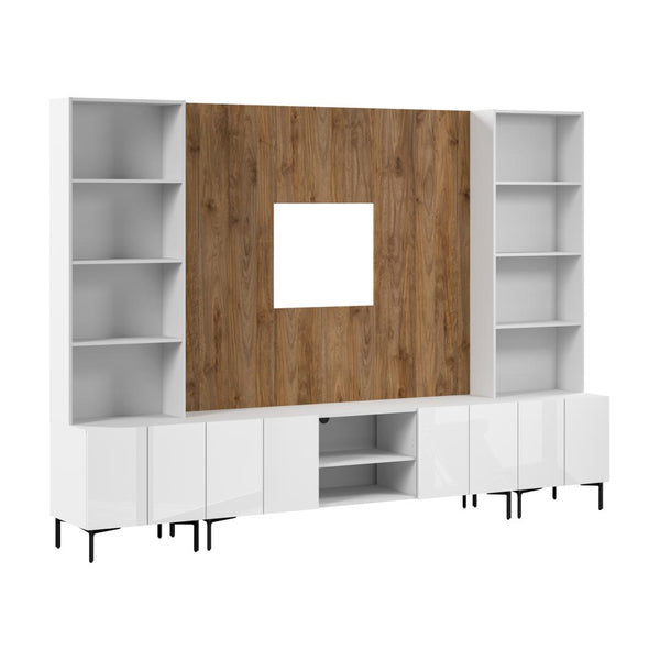 118W Modular Entertainment Center with TV Stand, Storage Cabinets with Hutches, and Small Wall Panel