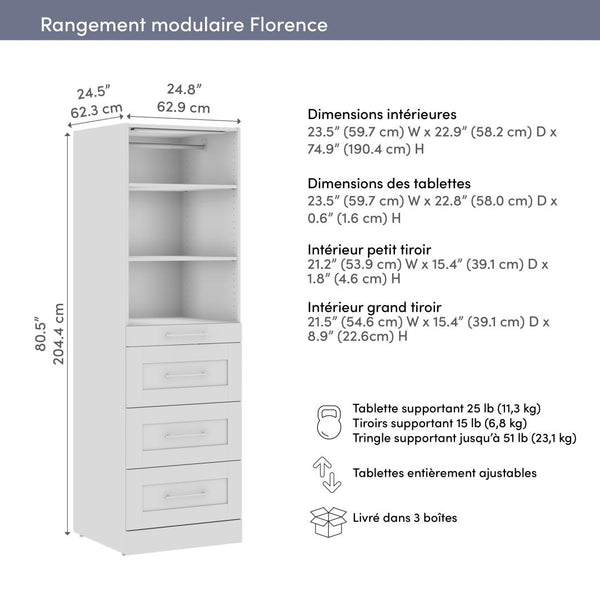 Organisateur de garde-robe modulaire pour walk-in ou placard avec lampe DEL, tablettes et 4 tiroirs 25L x 25P, style Shaker