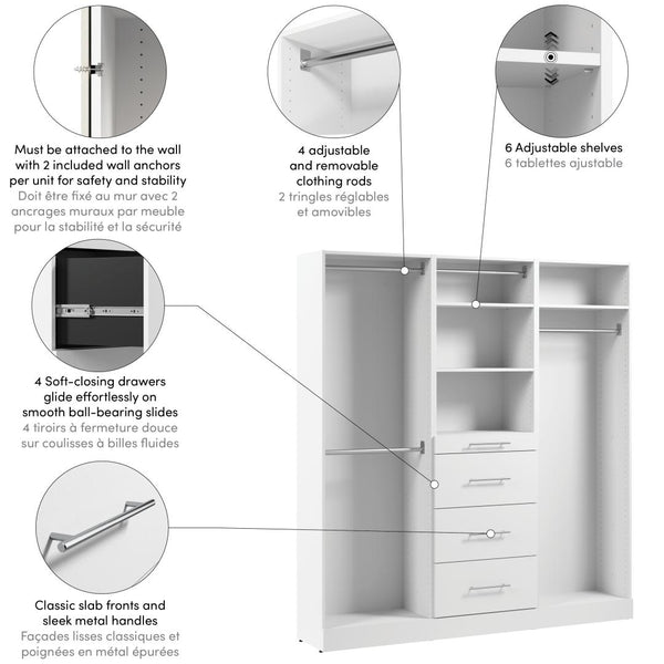 Système de rangement modulaire pour placard avec tringles, tablettes et tiroirs 75L x 16P, style épuré