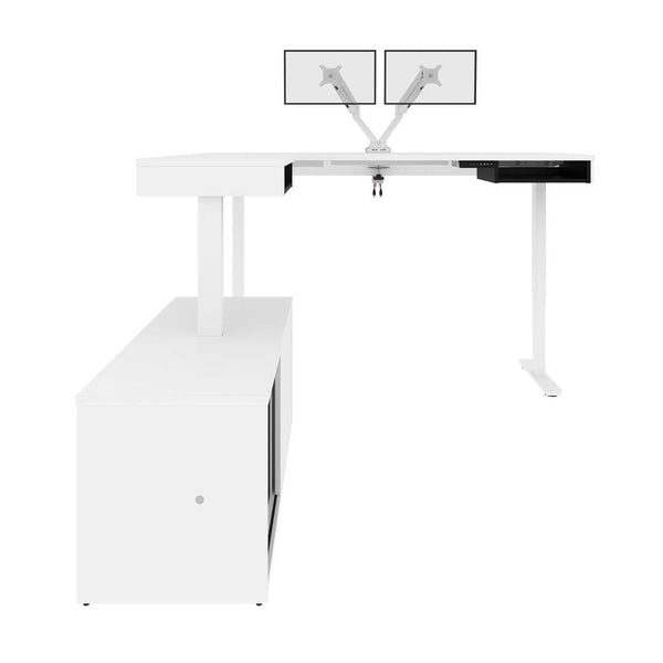 81W L-Shaped Standing Desk with Dual Monitor Arm and Credenza