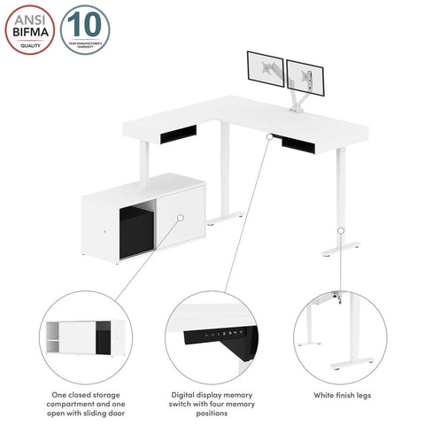 Bureau assis-debout en L 81L avec support double pour moniteurs et crédence
