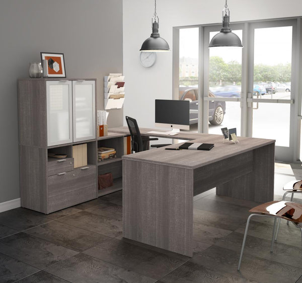 Bureau de direction en U 72L avec huche à portes en verre dépoli