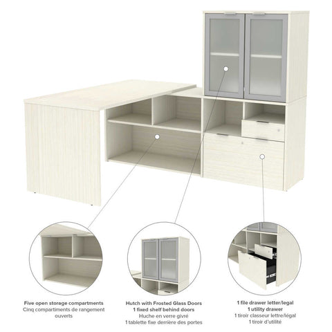 Bureau en L 72L avec huche à portes en verre dépoli