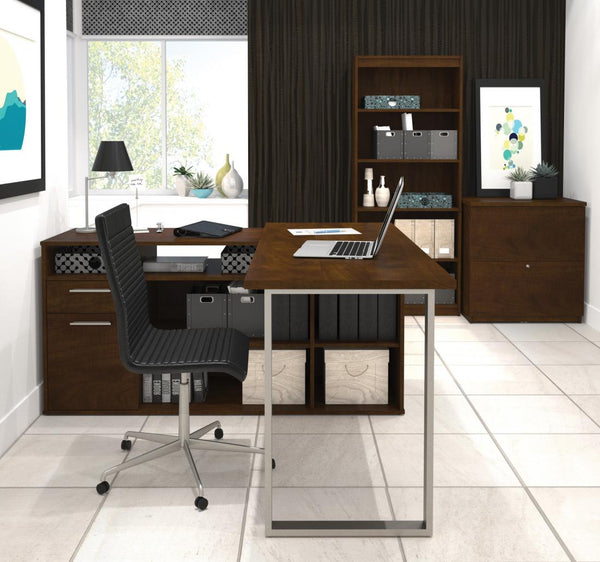 Bureau en L 60L avec classeur latéral et bibliothèque