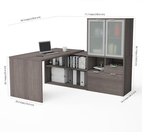 Bureau en L 72L avec huche à portes en verre dépoli