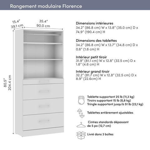 Modular Closet System with Shelves, Drawers & Clothing Rod, Slab Style, 36W x 16D