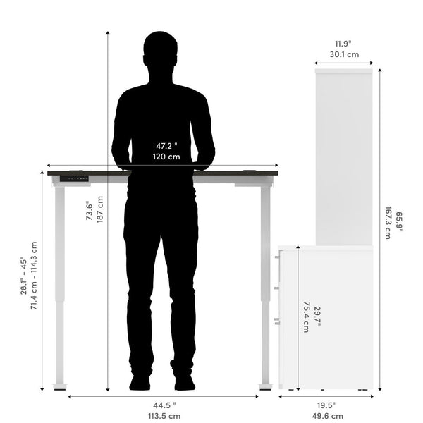 Bureau assis-debout en L 72L avec bibliothèque et classeur