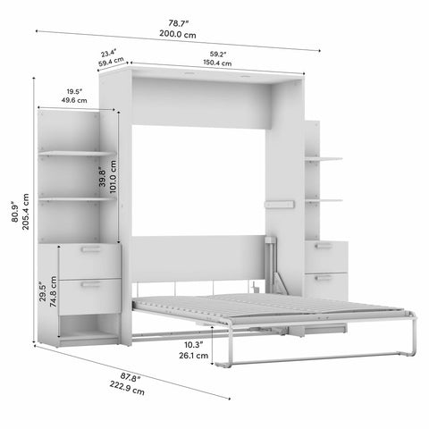 Lit escamotable double avec table de chevet et étagères flottantes (79L)