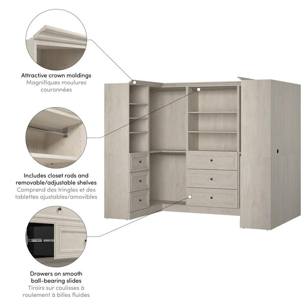 Traditional U-Shaped Closet System with Shelves, Drawers, Clothing Rods, Doors & Cubbies, 108W x 61D