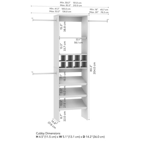 Organisateur de garde-robe 24L avec tablettes à chaussures, tringles et compartiments