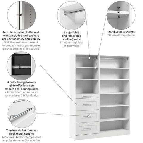 Système de rangement modulaire pour garde-robe walk-in ou placard avec tablettes et tiroirs 61L x 16P, style Shaker