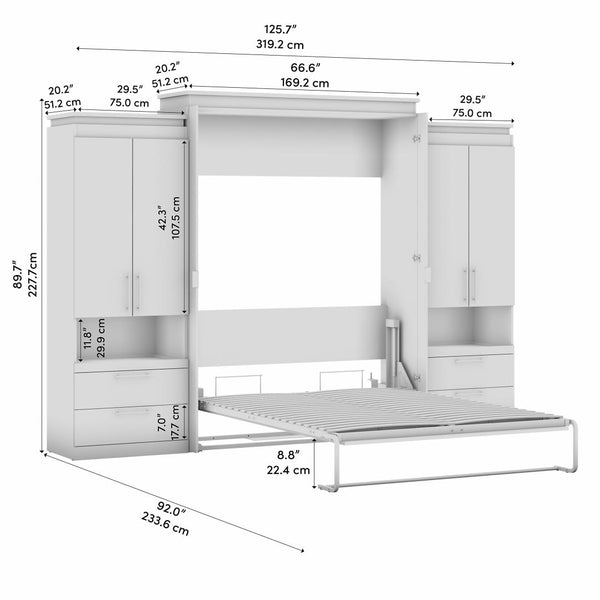 Grand lit escamotable avec armoires et tablettes coulissantes (126L)
