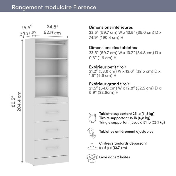Modular Closet System with Shelves, Drawers & Clothing Rod, Slab Style, 25W x 16D