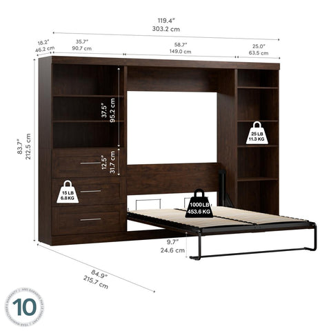 Lit escamotable double avec tablettes et tiroirs (120L)