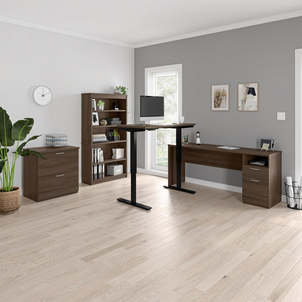 72W L-Shaped Standing Desk with Bookcase and File Cabinet
