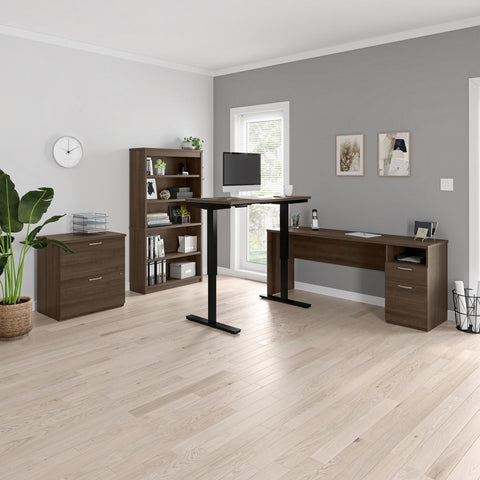 72W L-Shaped Standing Desk with Bookcase and File Cabinet