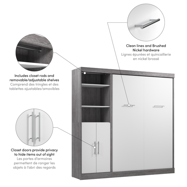 Lit escamotable double et organisateur de garde-robe avec portes (84L)