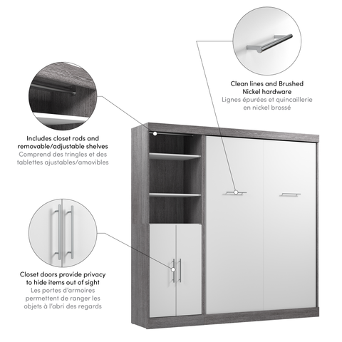 Lit escamotable double et organisateur de garde-robe avec portes (84L)