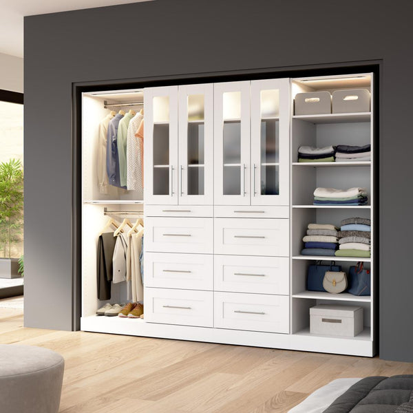 Modular Closet System with Shelves, Drawers, Doors, Clothing Rods & LED Lights, Shaker Style, 100W x 25D