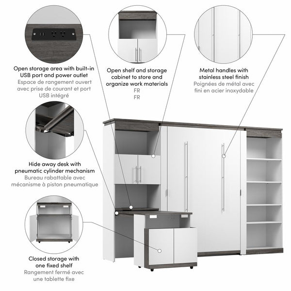 Lit escamotable double avec tablettes et armoire avec bureau rétractable (120L)