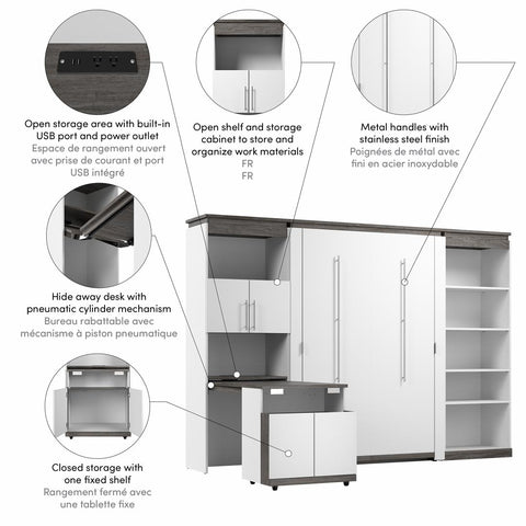Lit escamotable double avec tablettes et armoire avec bureau rétractable (120L)