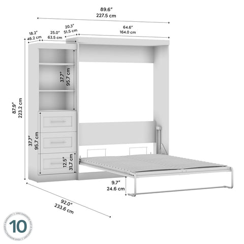 Queen Murphy Bed and Shelving Unit with Drawers (90W)
