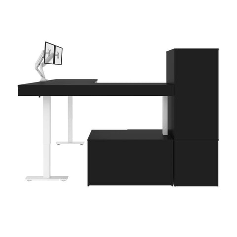 Bureau assis-debout en L 72L avec support double pour moniteurs et rangement