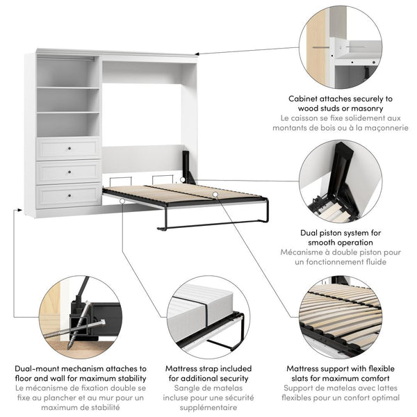 Lit escamotable double et organisateur de garde-robe avec tiroirs (95L)