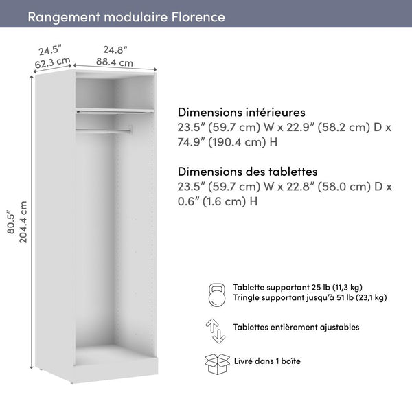 Organisateur de garde-robe modulaire avec tringle, lampe DEL et tablette 25L x 25P