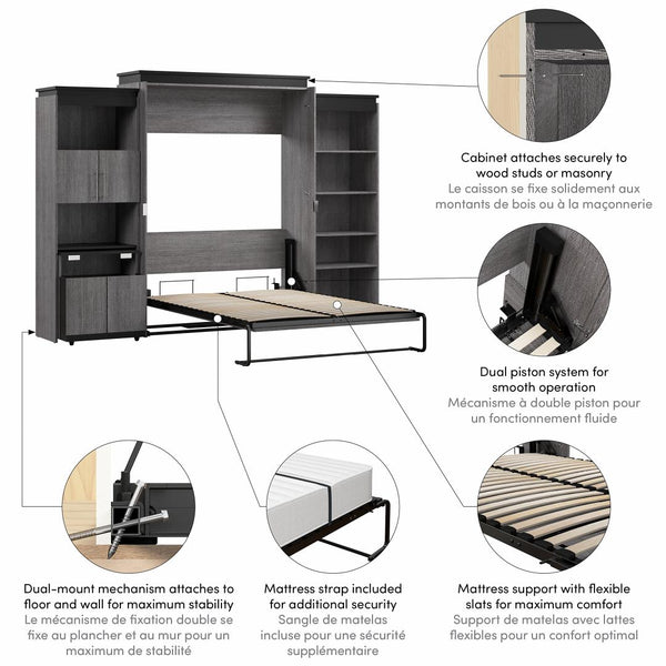 Grand lit escamotable avec tablettes et armoire avec bureau rétractable (126L)