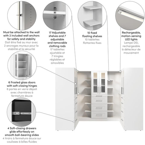 Système de rangement modulaire en U pour garde-robe walk-in avec lampes DEL, tringles, tablettes, portes et tiroirs 113L x 61P, style Shaker