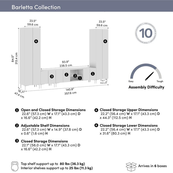141W Modular Entertainment Center with TV Stand, Storage Cabinet, and Tall Storage Cabinets