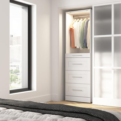 Organisateur de garde-robe modulaire pour walk-in ou placard avec lampe DEL, tablettes et 4 tiroirs 25L x 25P, style Shaker