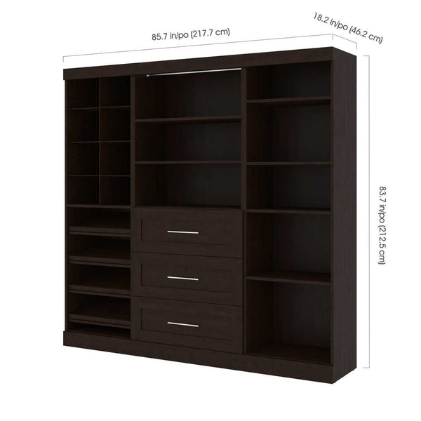 Contemporary Closet System with Shelves, Drawers, Clothing Rods, Shoe Racks & Cubbies, 86W x 19D
