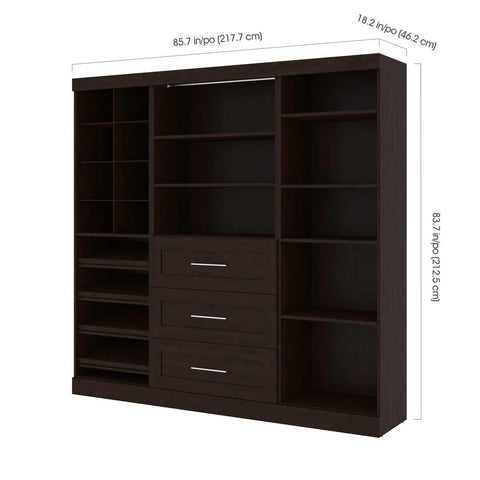 Contemporary Closet System with Shelves, Drawers, Clothing Rods, Shoe Racks & Cubbies, 86W x 19D