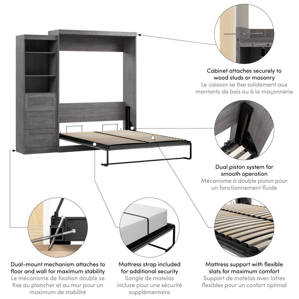 Queen Murphy Bed and Shelving Unit with Drawers (90W)