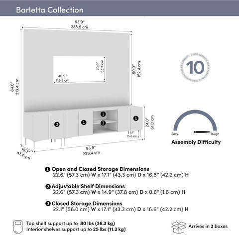 94W Modular Entertainment Center with TV Stand, Storage Cabinet, and Large Wall Panel