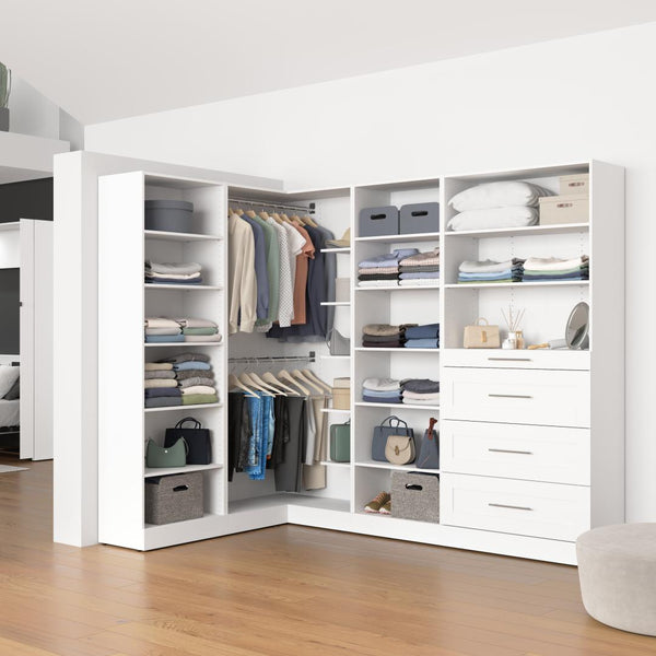 Modular L-Shaped Closet System with Shelves, Drawers & Clothing Rods, Shaker Style, 95W x 61D