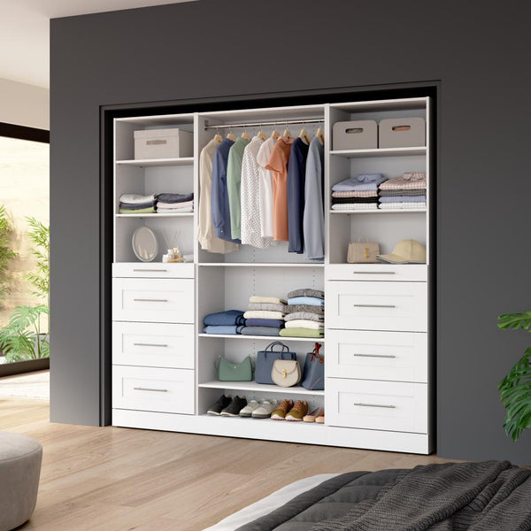 Système de rangement modulaire pour garde-robe walk-in ou placard avec tablettes et tiroirs 85L x 16P, style Shaker