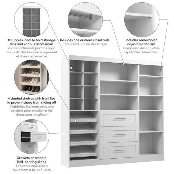 Contemporary Closet System with Shelves, Drawers, Clothing Rods, Shoe Racks & Cubbies, 86W x 19D