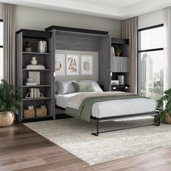 Queen Murphy Bed with Shelves and Storage Cabinet with Fold-Out Desk (126W)