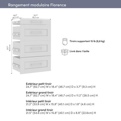 Ensemble de 4 tiroirs Shaker pour organisateur de garde-robe modulaire pour walk-in ou placard avec tablettes 25L x 25P Florence