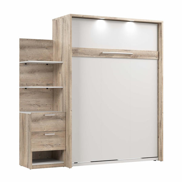 Lit escamotable double avec table de chevet et étagères flottantes (79L)