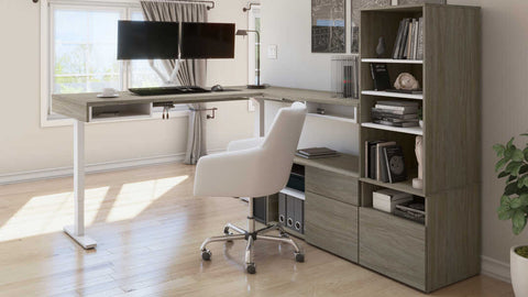 72W L-Shaped Standing Desk with Dual Monitor Arm and Storage