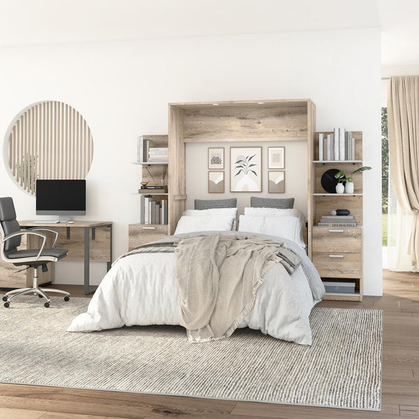 Lit escamotable double avec tables de chevet et étagères flottantes (99L)